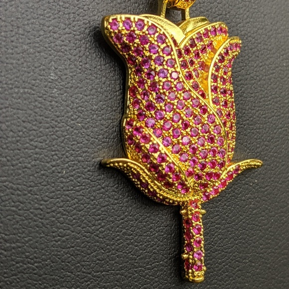 🖤 24" x 3mm Rope Chain + Red Rose Pendant - Picture 3 of 8